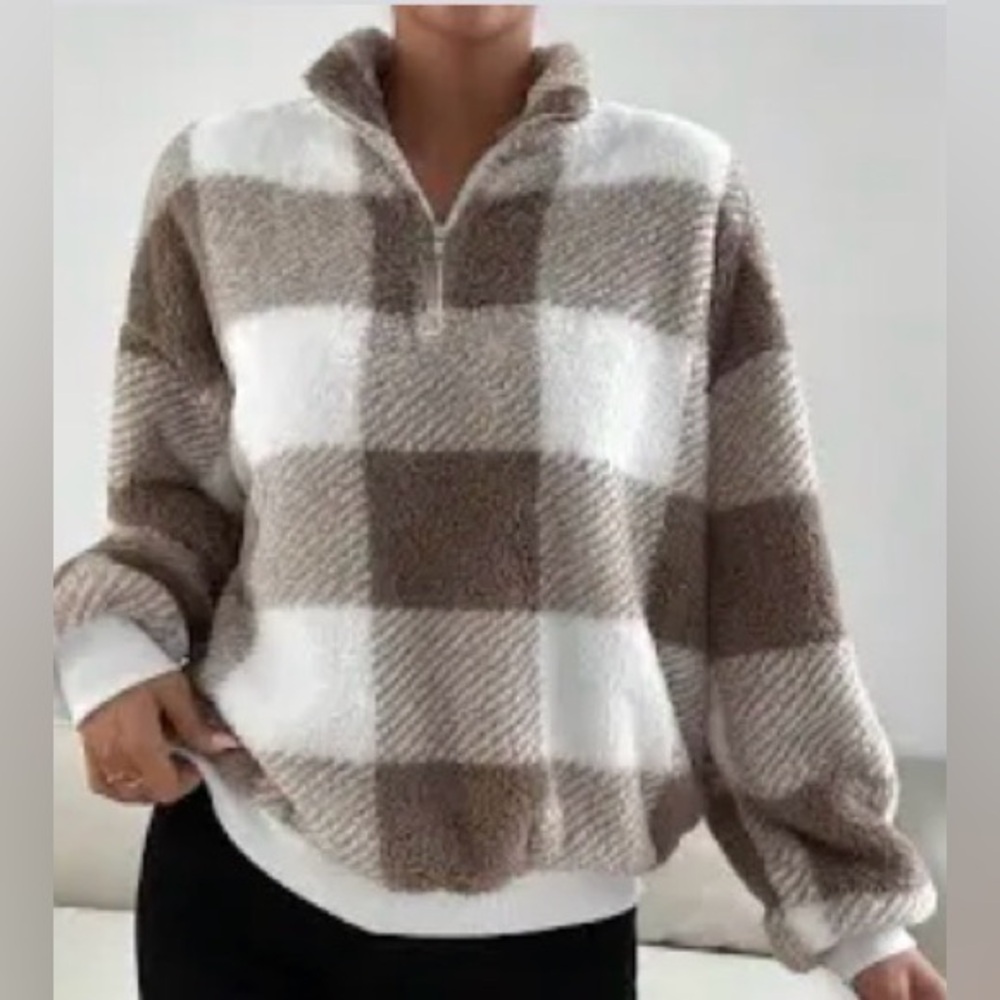 Cozy Buffalo Plaid Quarter-Zip Super Soft Drop Shoulder Pullover